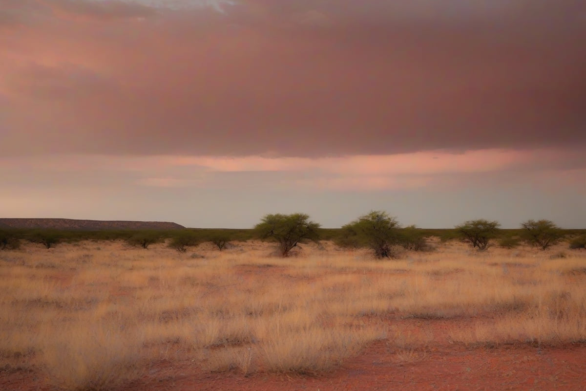 Rolling West Central Texas mesquite rangeland on reddish soil with scattered prickly pear under a wide sky