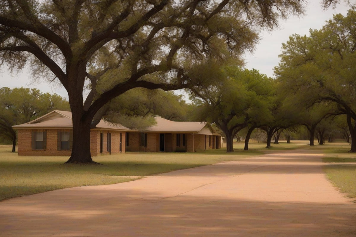 Single-story brick ranch homes with sparse mature trees on a flat West Central Texas street in Abilene