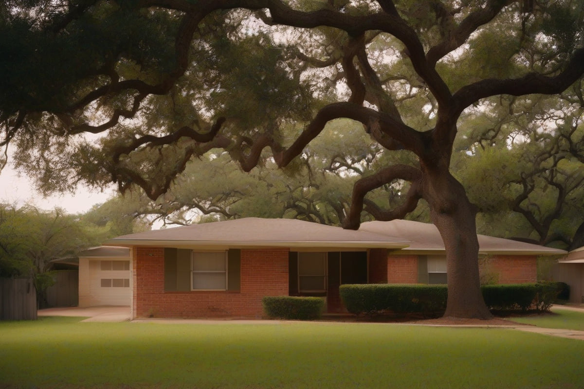 Single-story brick ranch home with a low hip roof and an attached garage beneath a large spreading live oak
