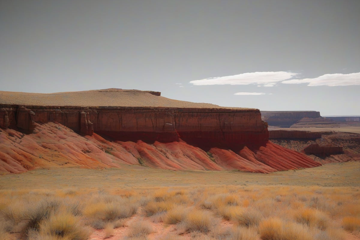 The edge of a High Plains canyon with layered red rock strata dropping away from flat short-grass prairie under an enormous open sky