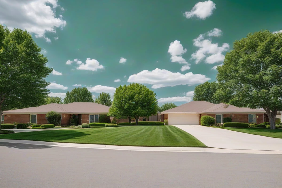 Single-story brick ranch homes with neat lawns on a flat treeless High Plains street in Amarillo under a wide sky with scattered clouds