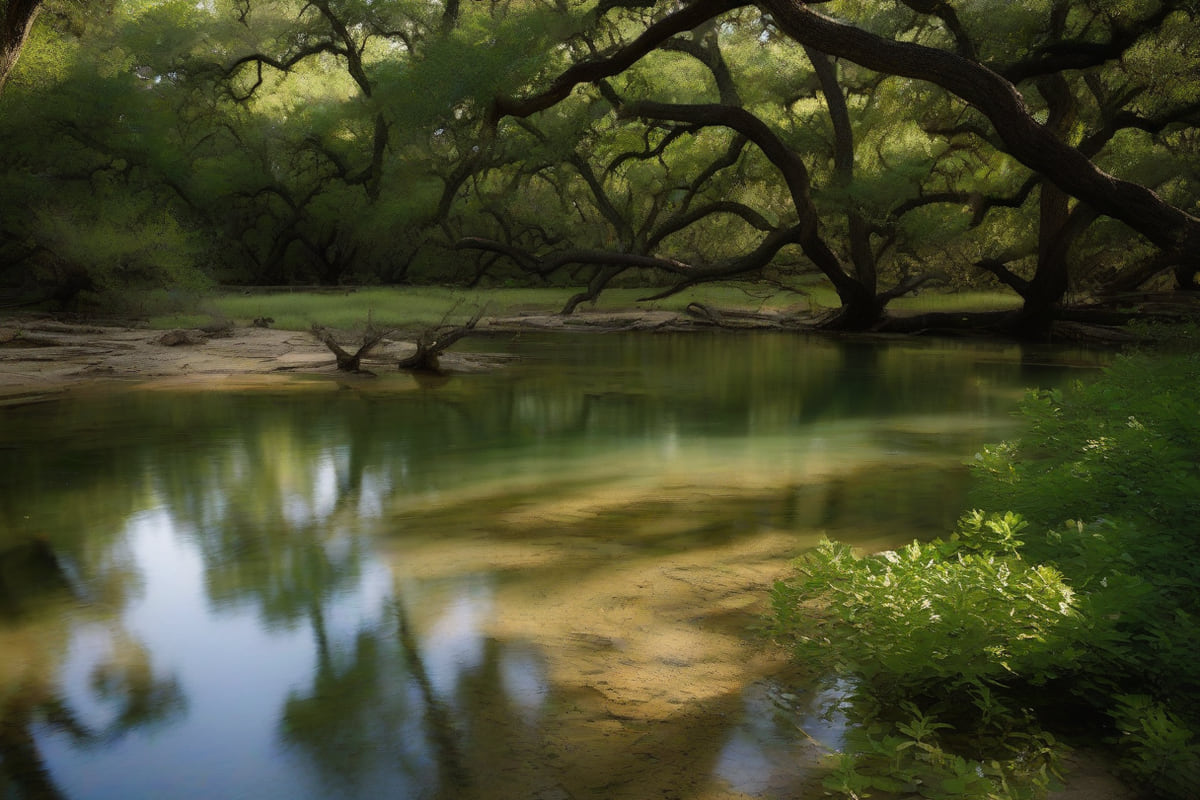 A limestone creek bed with shallow pools of clear water beneath a dense canopy of cedar elm and live oak