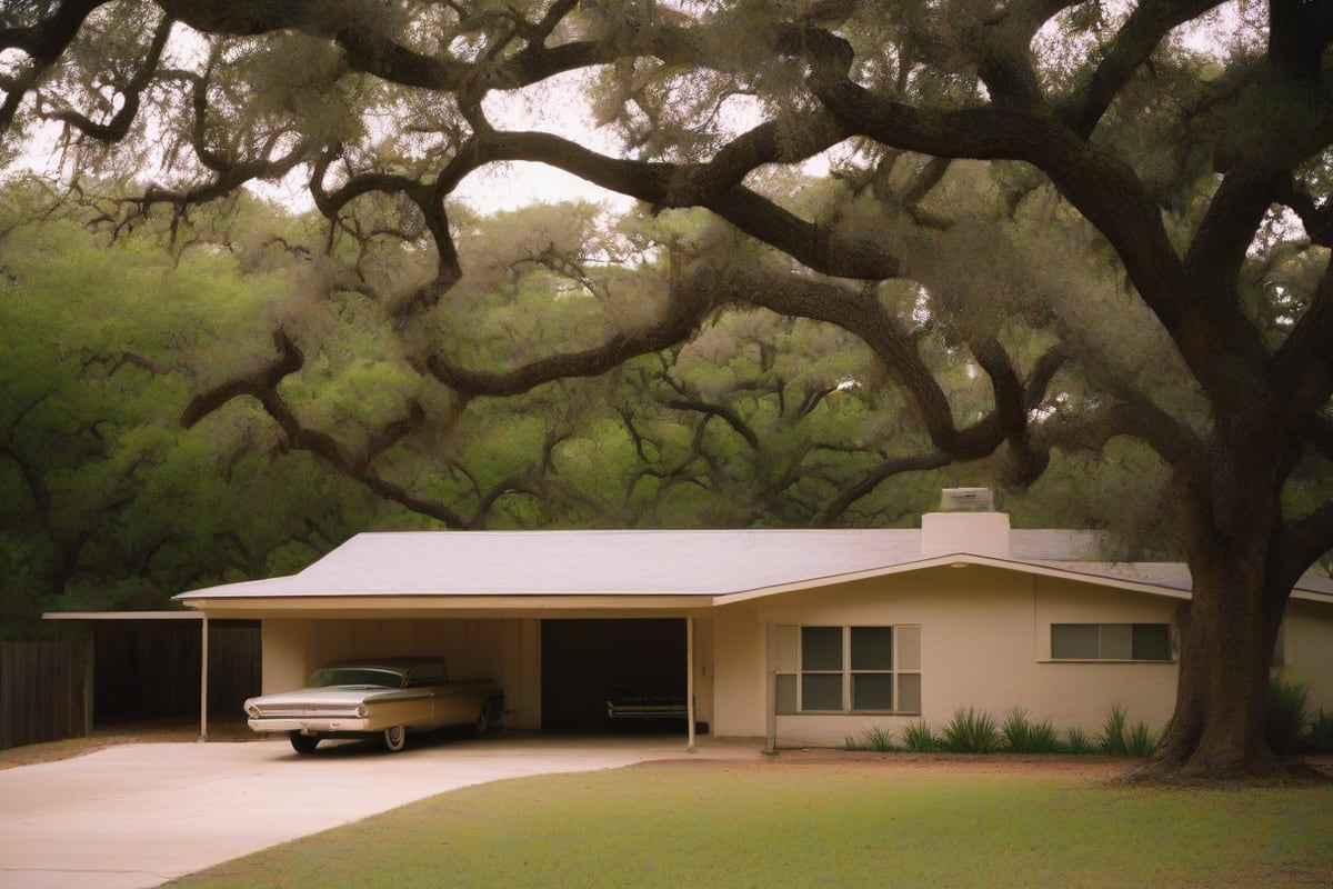 Low single-story 1960s ranch house with a long horizontal roofline and limestone accents set among tall live oaks on a sloped lot