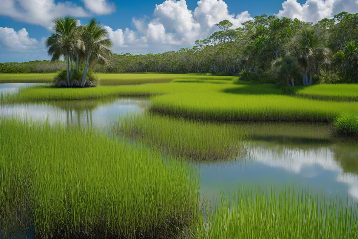 Subtropical coastal flats with dense green cordgrass, shallow tidal channels and a cluster of sabal palms under a bright Gulf sky