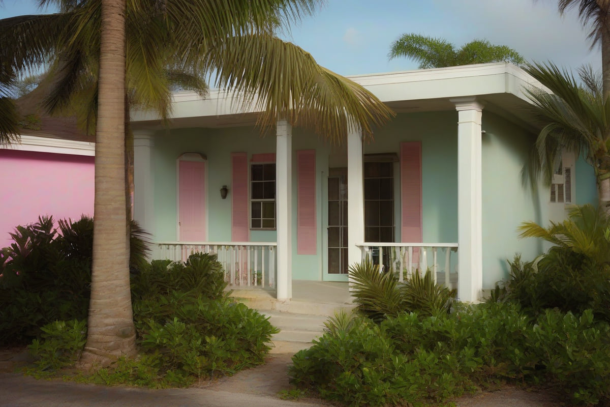Pastel stucco single-story homes with low tile roofs and tall sabal palms in dense subtropical planting in Brownsville, Texas