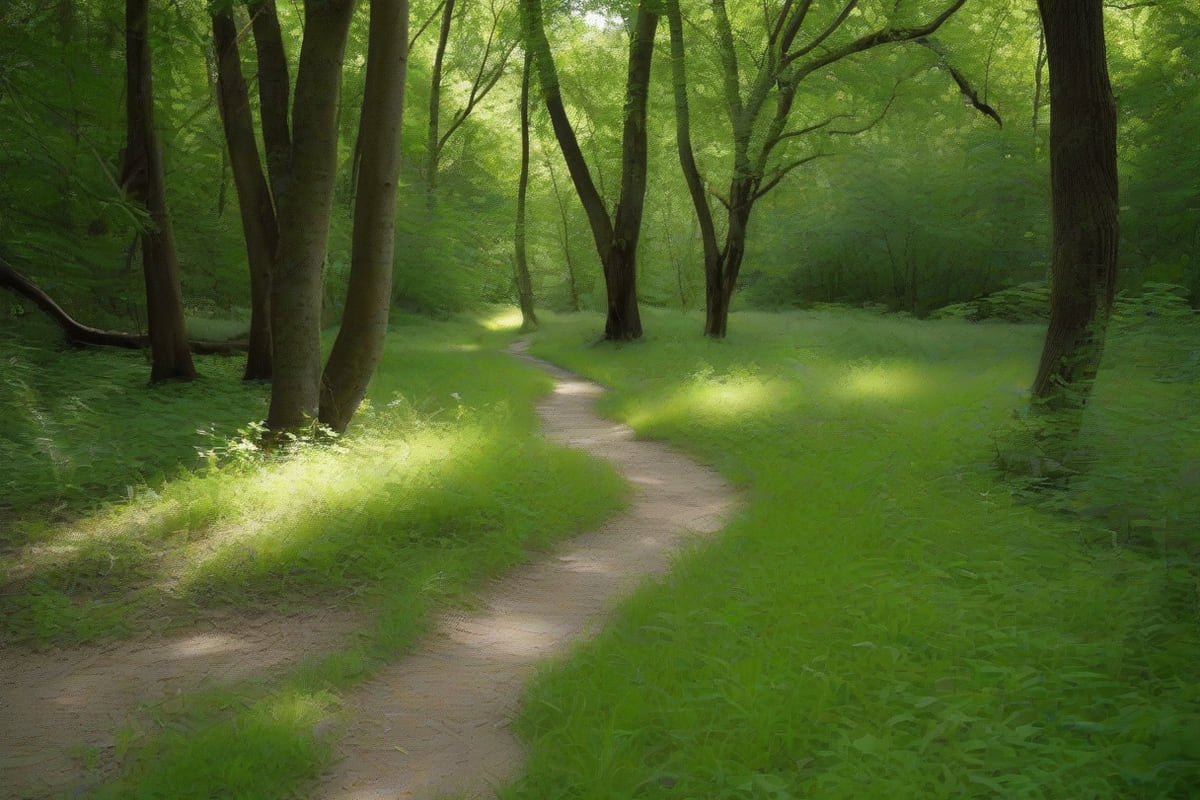 A concrete trail winding beside a shallow creek through mature hardwood trees in a Carrollton greenbelt