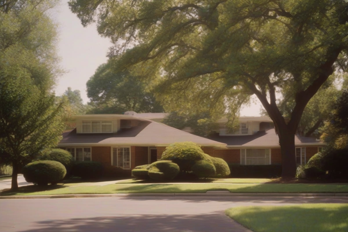 1970s brick homes with mature shade trees fully shading the roadway on a curving Carrollton street