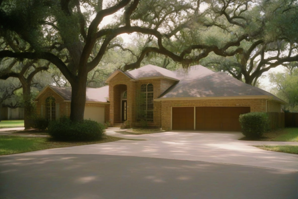 Two-story 1990s brick and stone home with a front-facing garage on a curving street lined with young live oaks