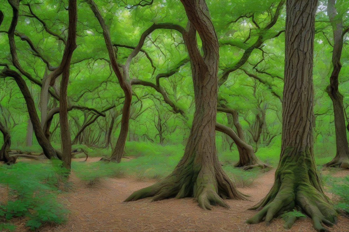 Gnarled post oak trunks with textured bark and dense green understory in Cross Timbers woodland near Denton, Texas