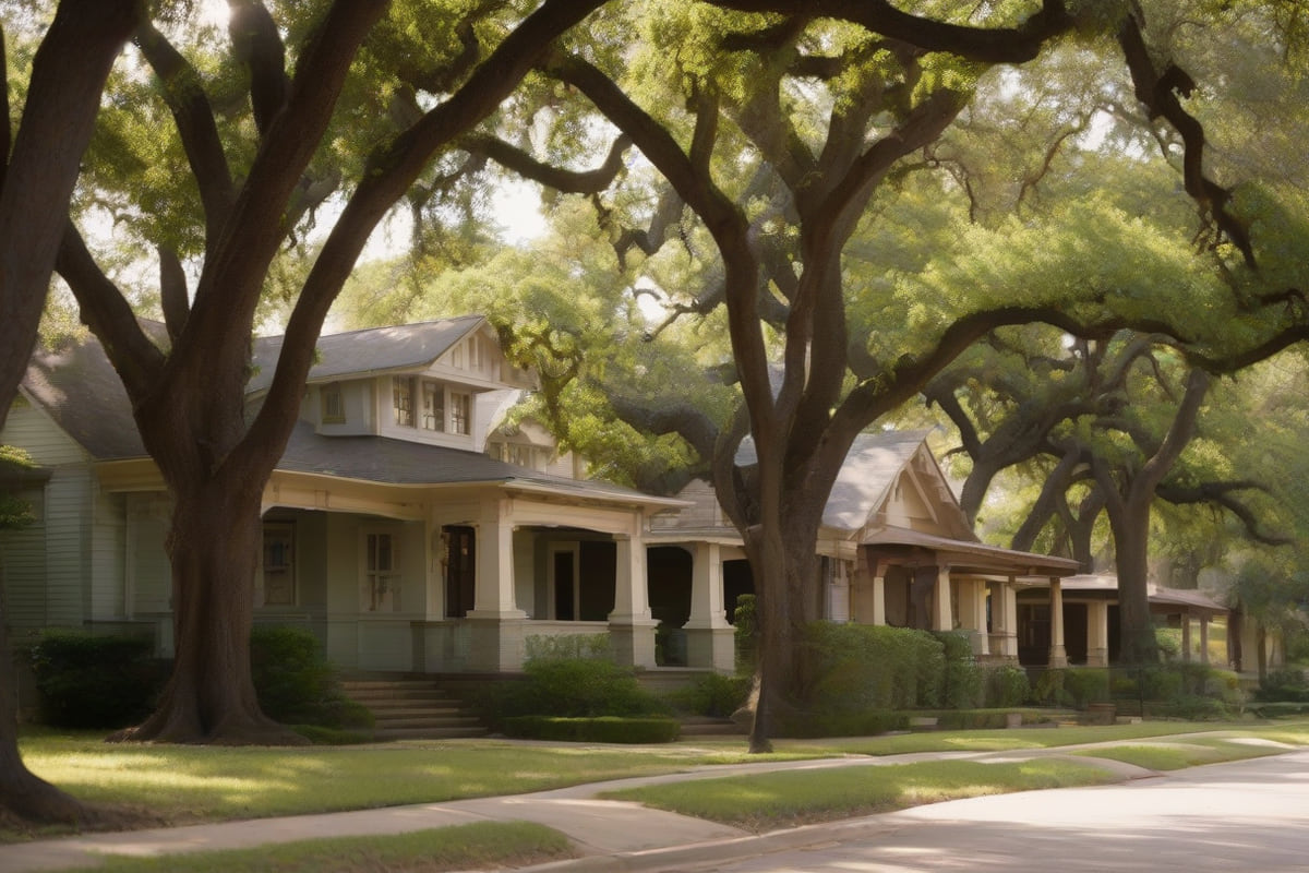 Craftsman bungalows with deep porches and exposed rafter tails beneath very mature post oak trees on a Denton residential street