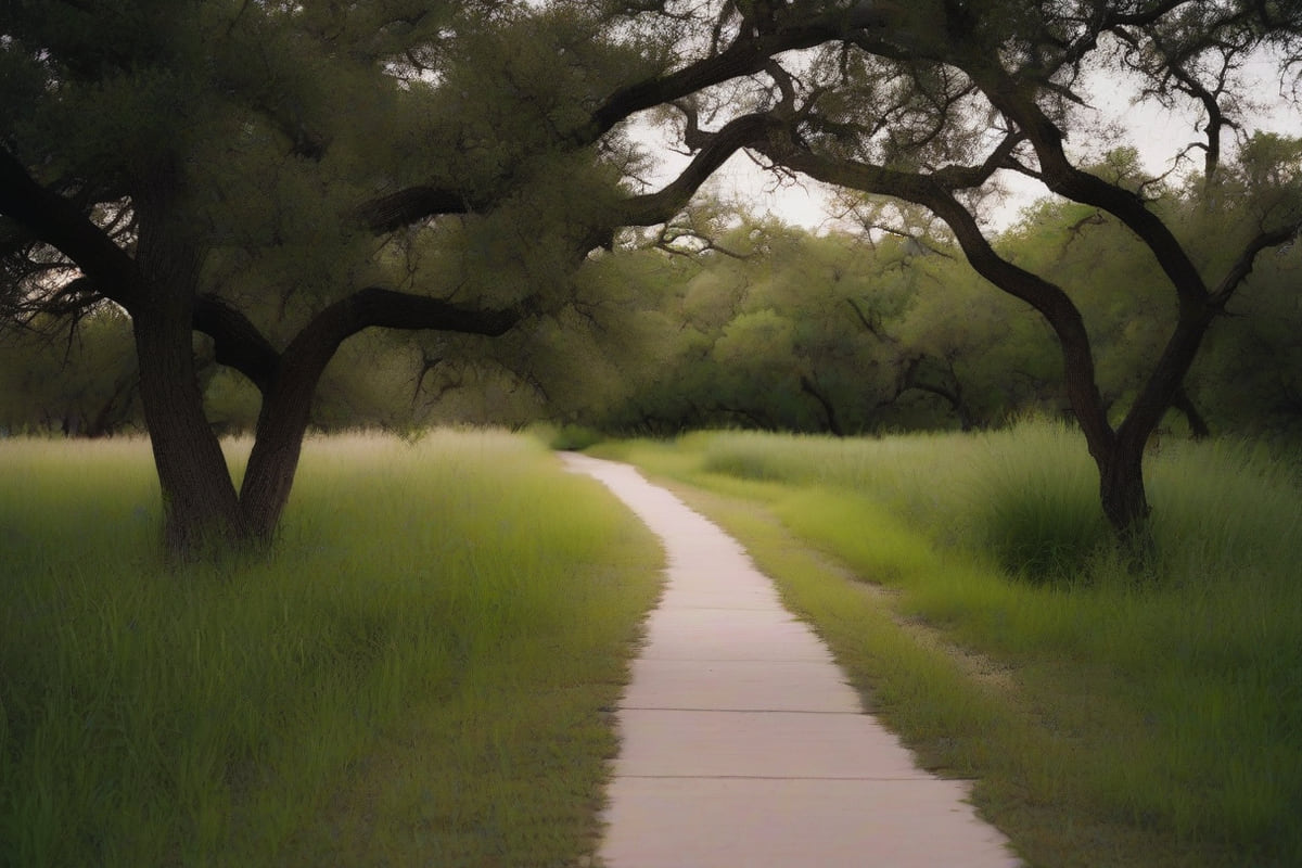 A paved neighborhood trail curving through tall grass beneath live oaks