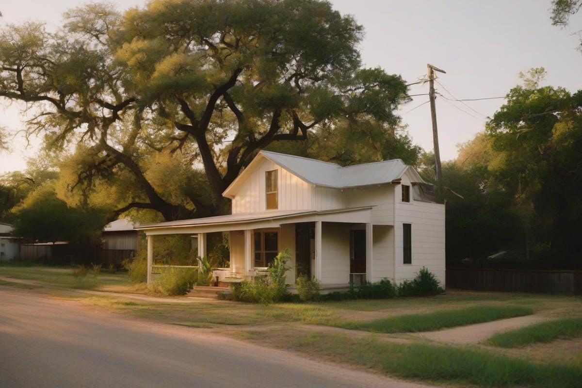 Two-story white wood-frame home with a metal roof and a front porch on a quiet tree-lined street