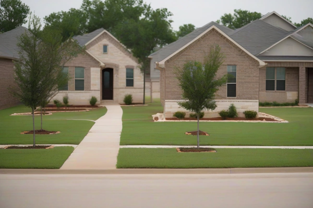 Newly built two-story stone and brick homes with young trees lining a wide street on the flat prairie of far north Fort Worth