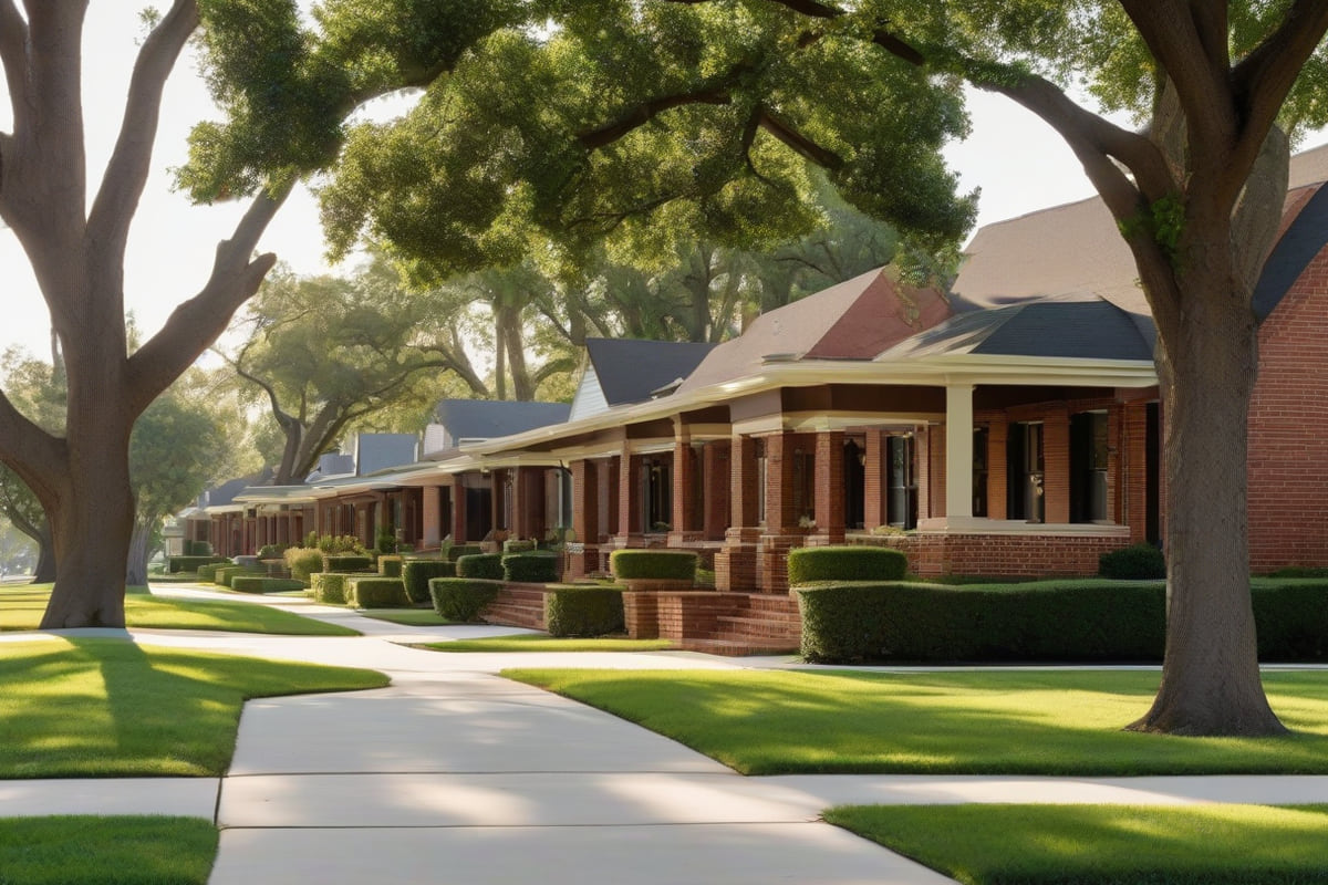 Brick homes with deep covered front porches and clipped hedges under mature shade trees on a Fort Worth residential street