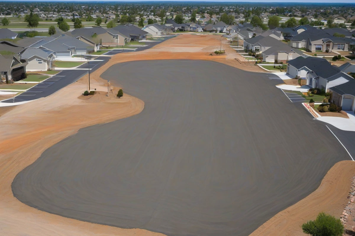 Graded residential lots with fresh concrete curbs, utility stubs and silt fencing on flat blackland prairie before construction begins