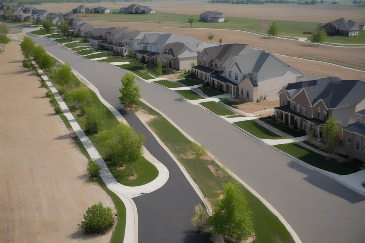 Large new-construction two-story homes with brick and cast stone facades and newly planted trees on a wide street in Frisco, Texas