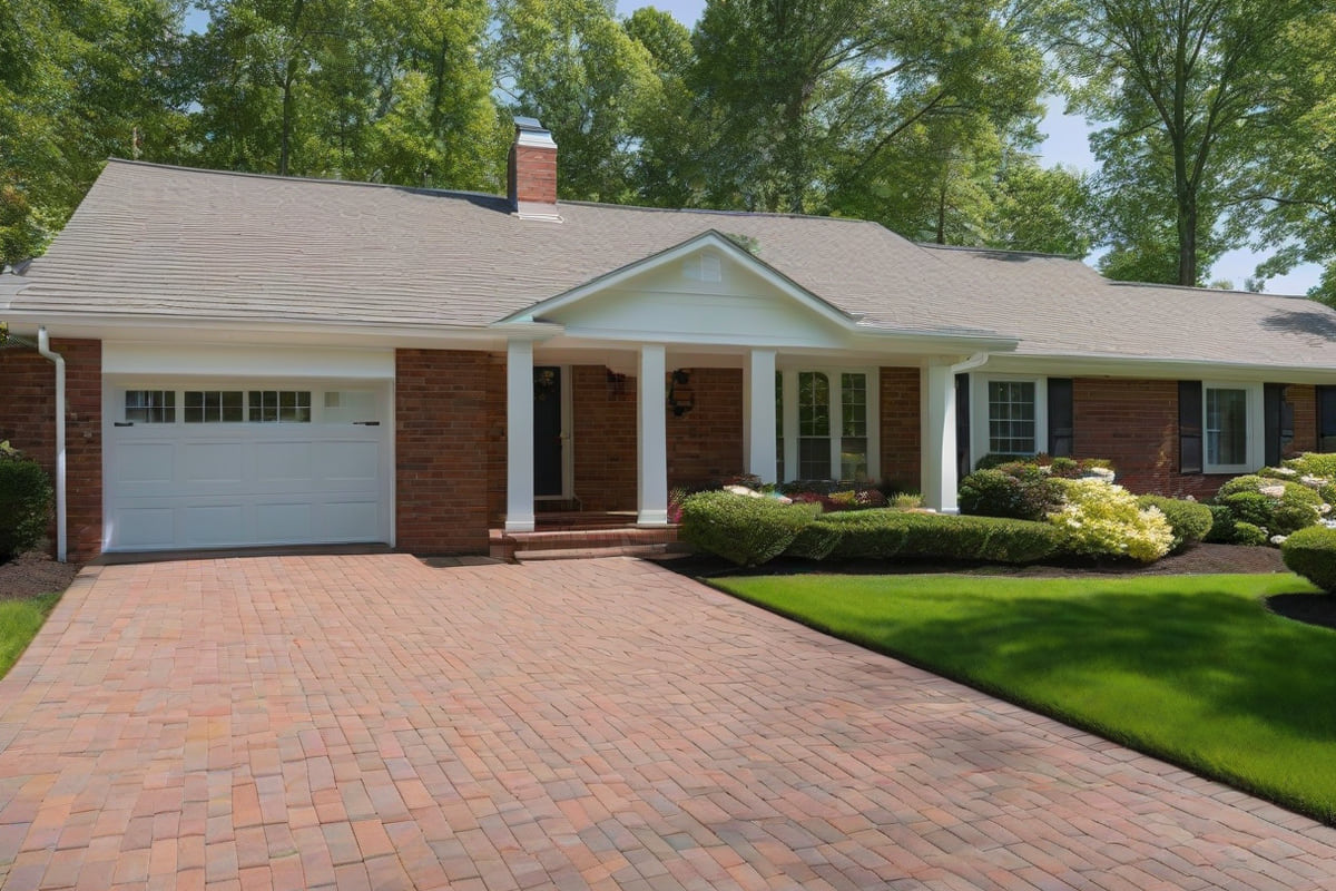 A single-story brick ranch home with a newly replaced composition shingle roof and a brick paved driveway