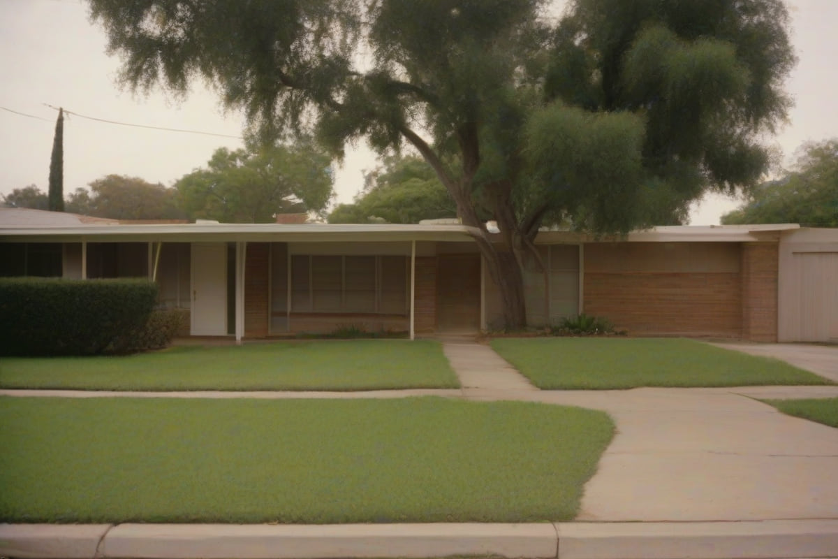 Single-story 1950s brick ranch houses with low-pitched roofs and attached carports under large pecan canopies on a wide Garland street