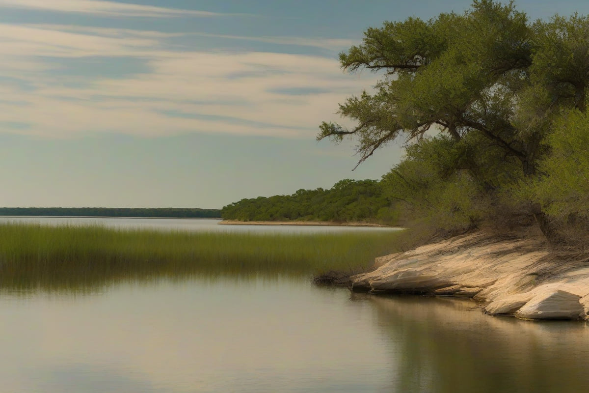 A reservoir shoreline with pale limestone outcrops and juniper along the bank under a wide North Texas sky