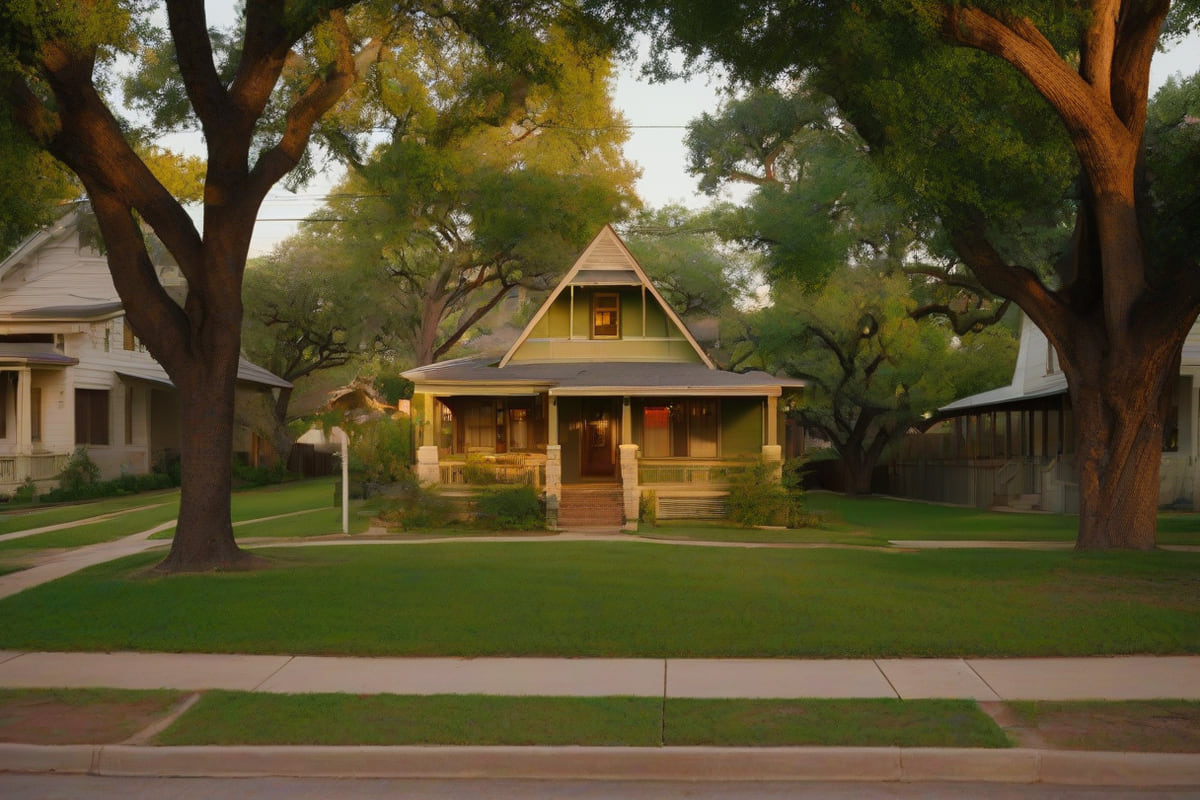 A street of early twentieth-century Craftsman bungalows with deep front porches and tapered columns under large shade trees