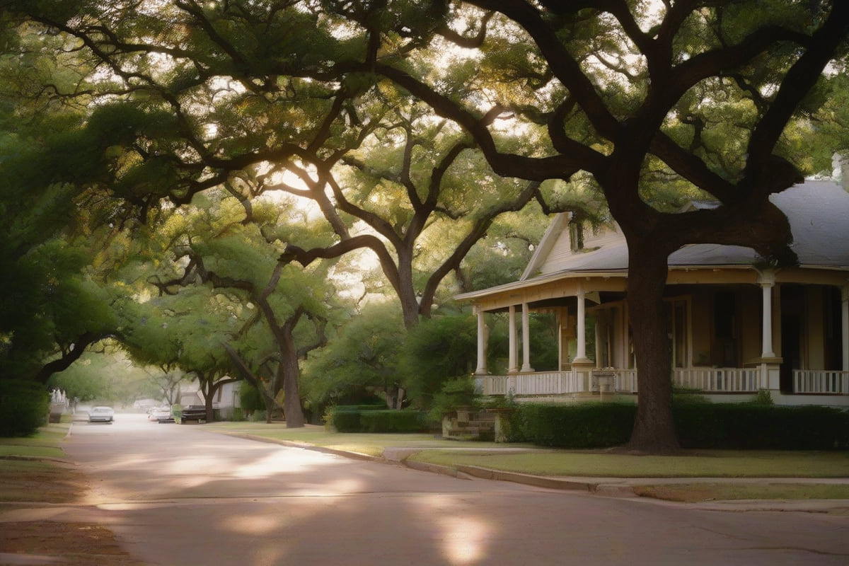 Two-story Victorian home with a wraparound porch and painted wood trim beside a street shaded by large live oaks