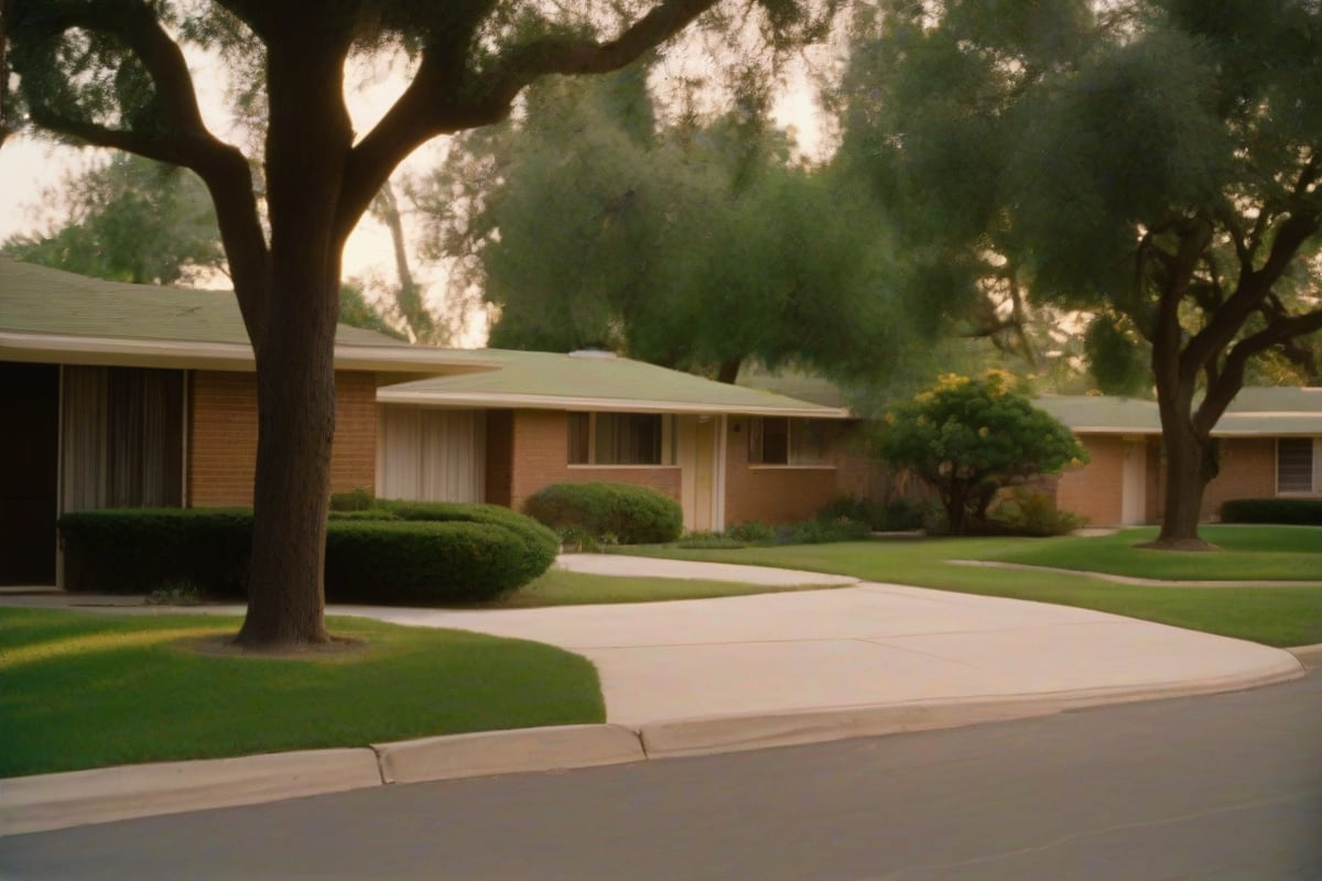 Single-story brick ranch homes with attached carports and very mature shade trees on a curving suburban street in Irving, Texas