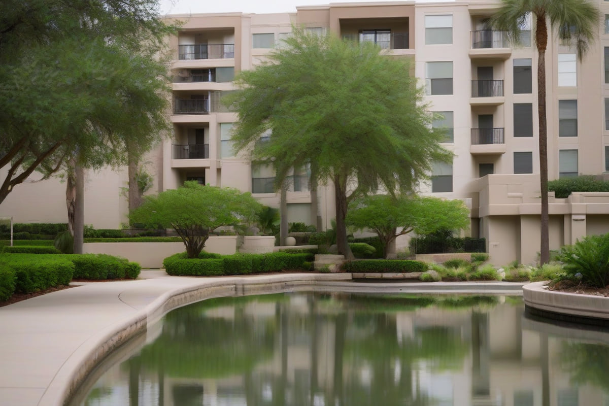 Mid-rise stucco and glass residential buildings lining a landscaped waterway with stone embankments in Las Colinas, Irving, Texas