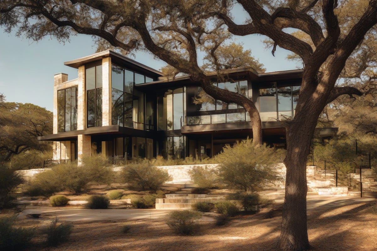 Contemporary two-story home with stone and glass facade set among mature oaks on a large lot in the Texas Hill Country