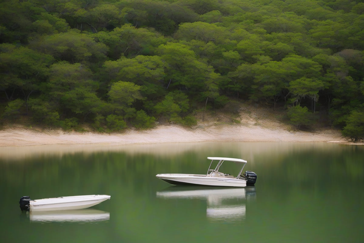 Two small boats on a calm lake below a wooded hillside and a pale limestone shoreline