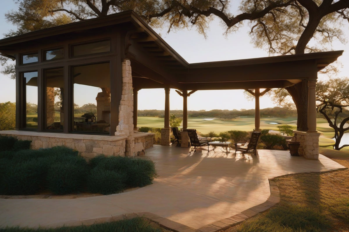Covered stone-and-timber terrace overlooking a golf course fairway in the Texas Hill Country