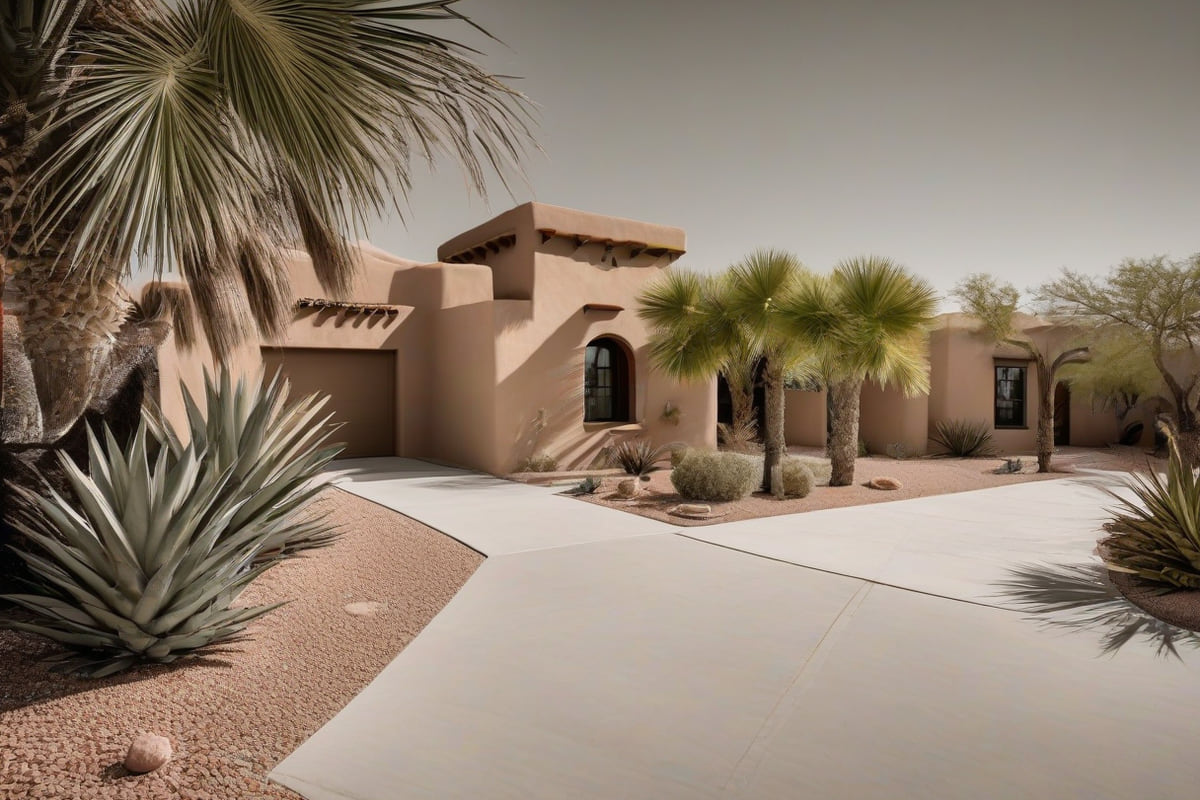 Single-story stucco homes with red clay tile roofs and arched entries beside gravel yards with agave and a sabal palm in Laredo, Texas