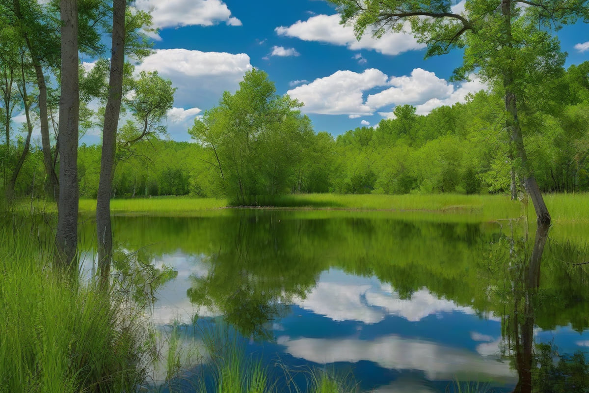 A reservoir shoreline with reedy grasses and cottonwood trunks in the foreground and dense green hardwood forest along the far bank