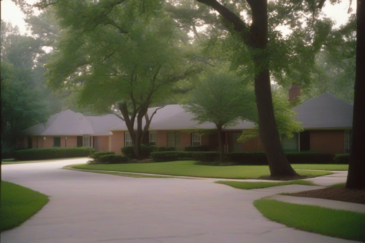 Two-story brick homes with gabled rooflines on a curving street with moderately mature trees in Lewisville, Texas