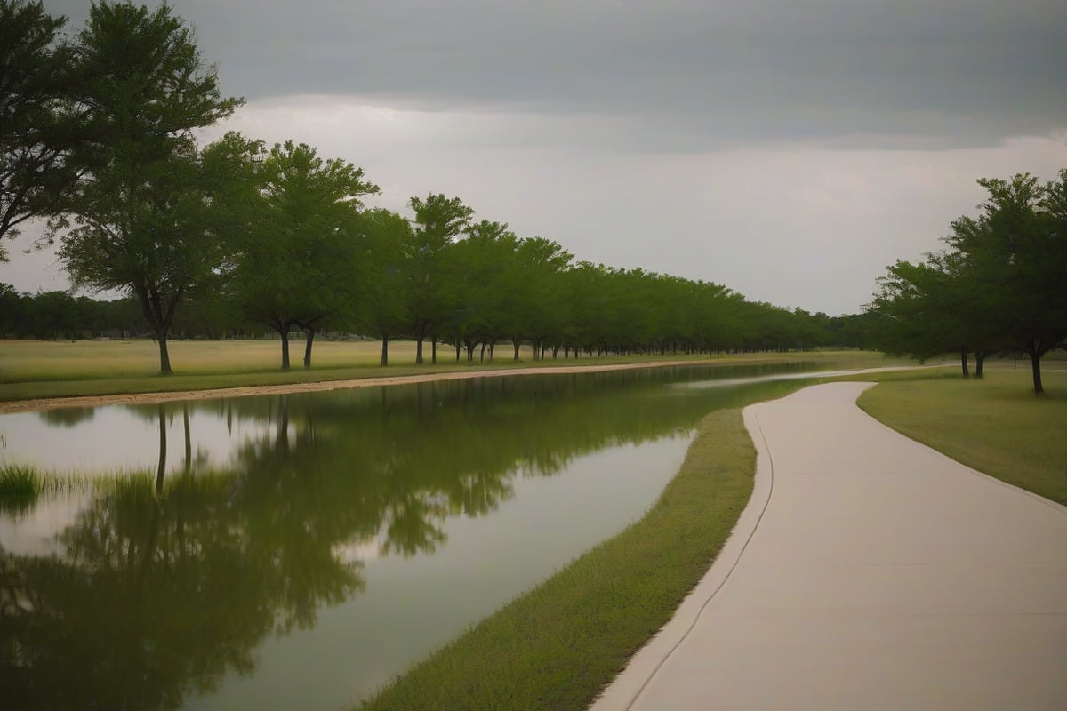Newly planted street trees along a wide sidewalk beside a stormwater pond in a new residential subdivision