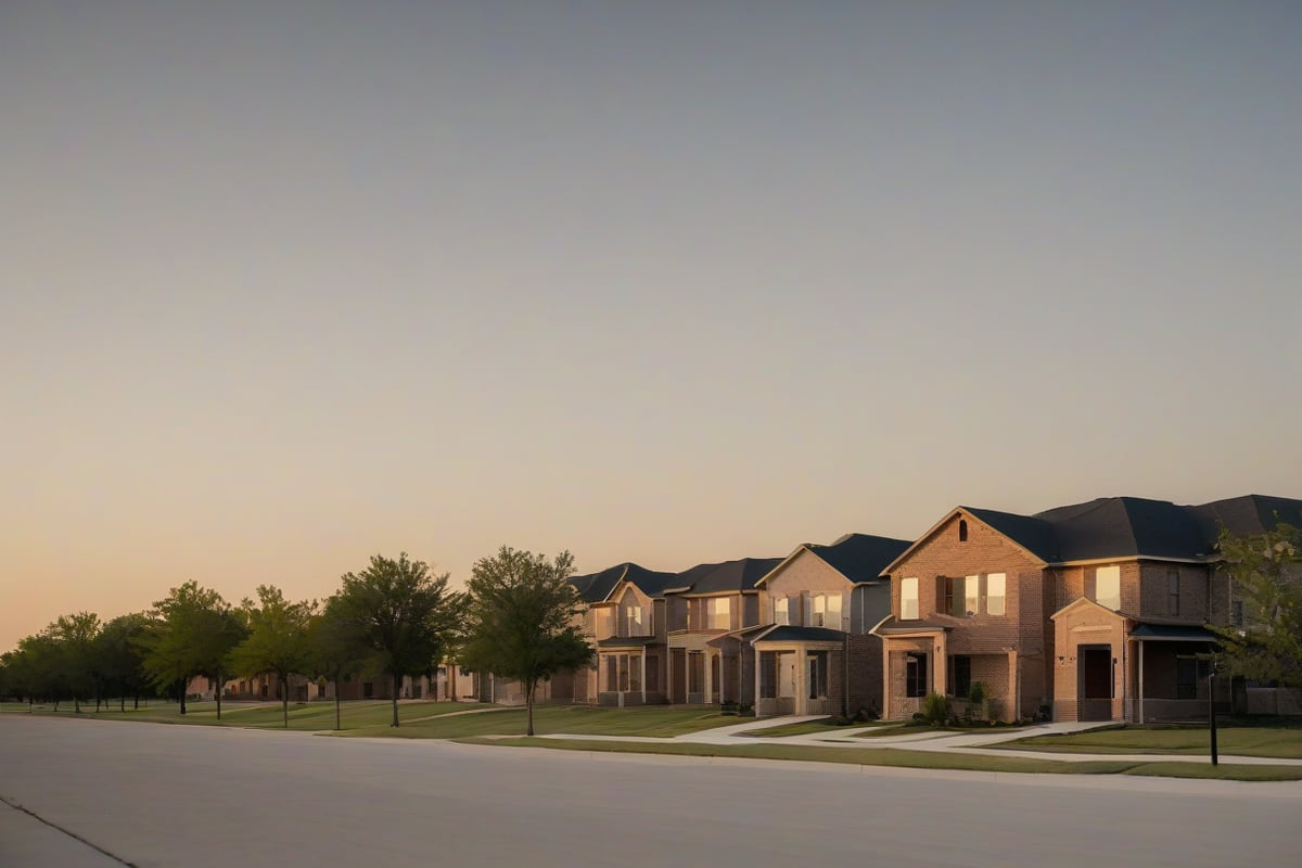 Row of new two-story brick homes along a wide new street at sunset