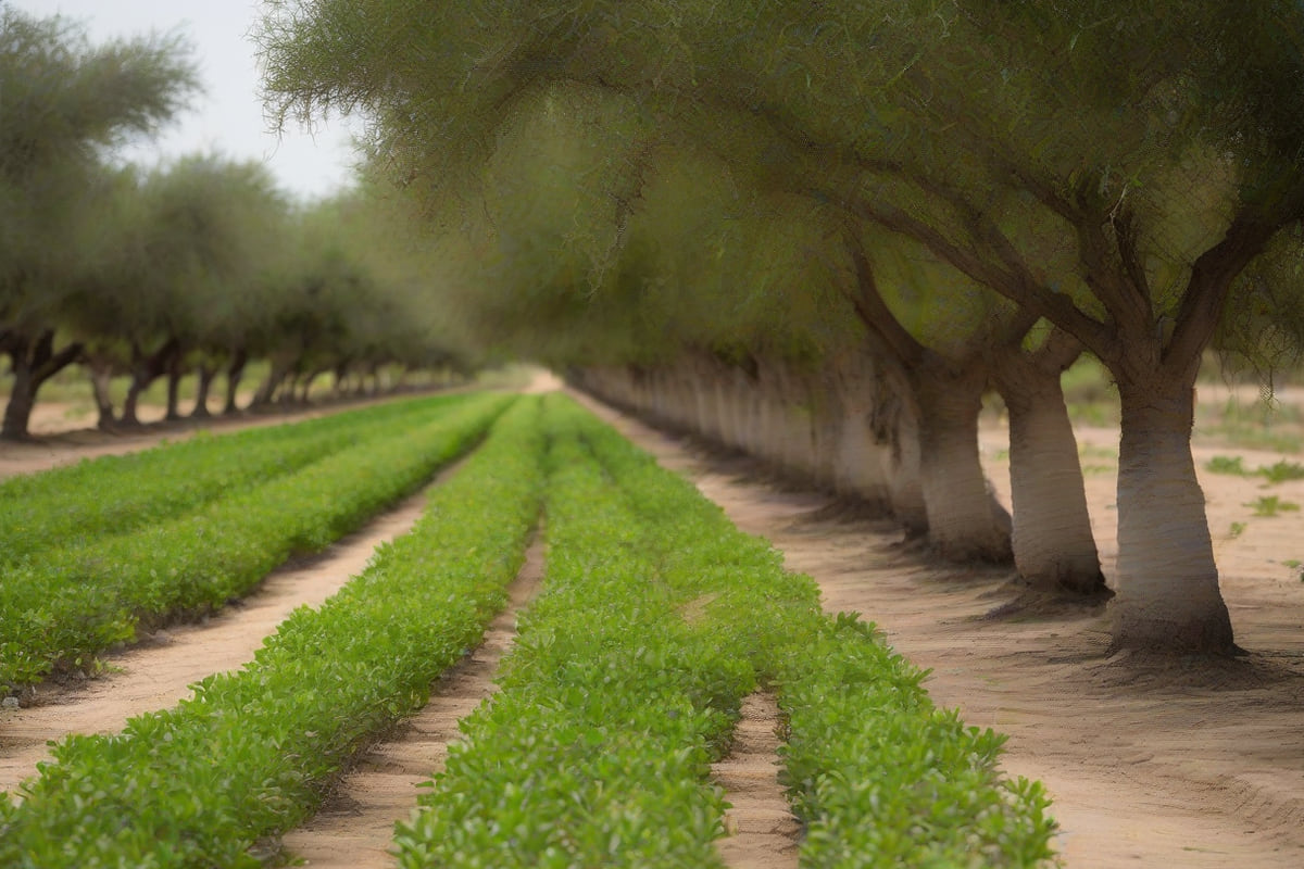 Rows of mature citrus trees beside a concrete irrigation canal on flat Rio Grande Valley delta soil