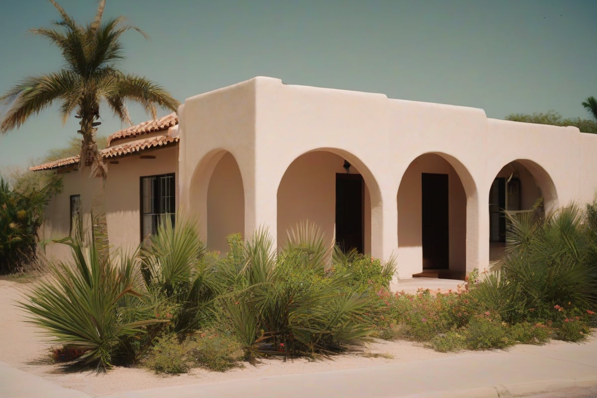 Single-story stucco homes with barrel tile roofs and arched windows framed by tall palms on a flat McAllen street