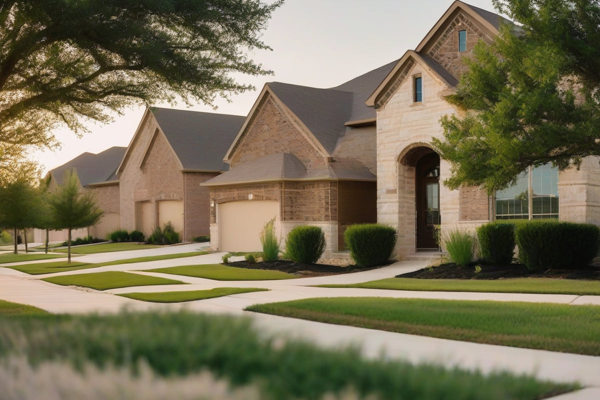 New two-story homes with stone and brick facades and young trees on a wide curving street in west McKinney