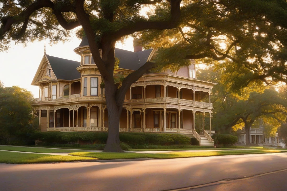 Restored Victorian house with a deep wraparound porch and decorative trim beneath a large oak on a McKinney residential street at golden hour