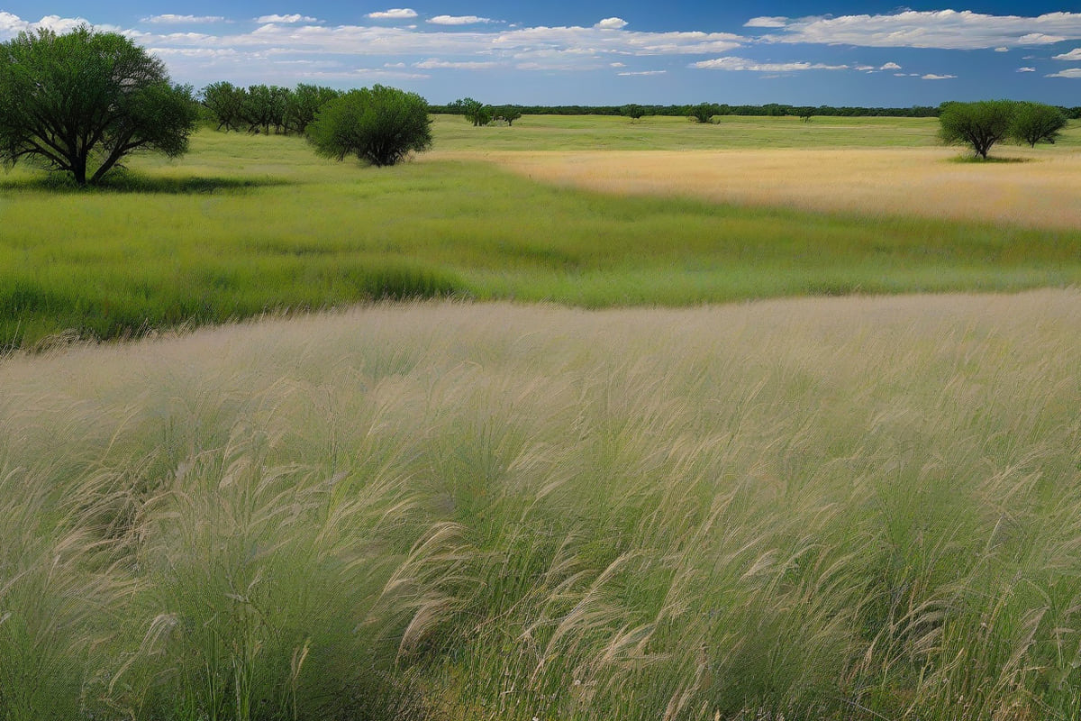 Wide flat blackland prairie meadow with tall native grasses and a line of mesquite and oak trees on the horizon