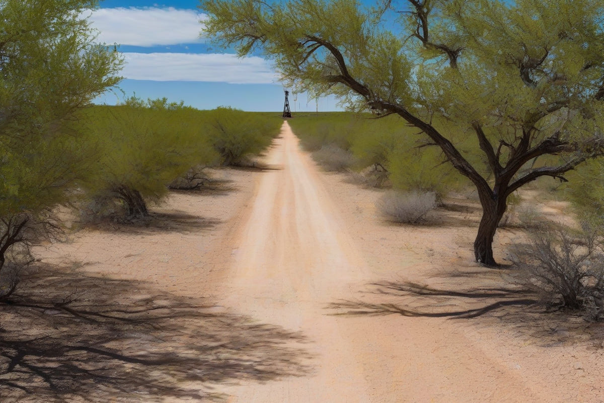 Flat Permian Basin scrubland of creosote and mesquite on pale caliche soil with a dirt lease road running toward a distant pumpjack
