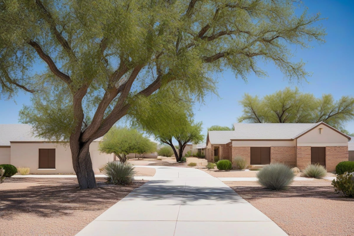 Well-kept brick ranch homes with gravel low-water landscaping and mesquite trees on a flat arid street in Midland, Texas