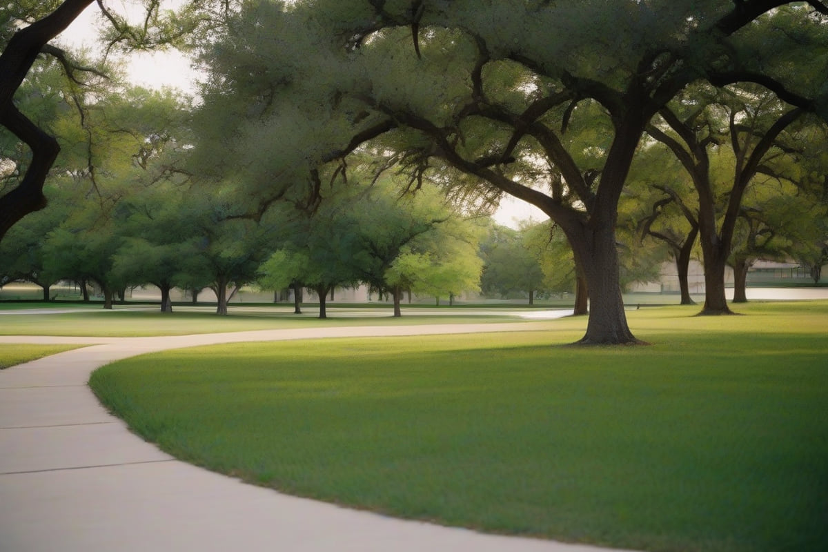 A broad lawn with a curving walking path and rows of shade trees
