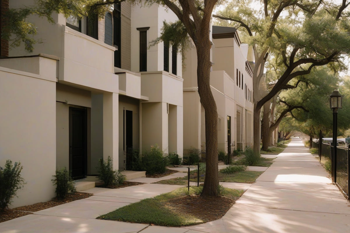 Row of three-story attached row homes with front stoops and small porches facing a tree-lined sidewalk and narrow street
