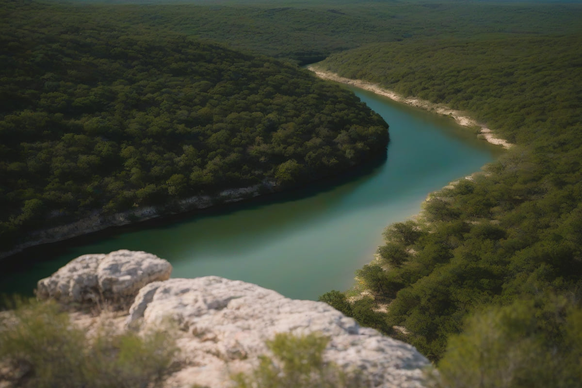 A limestone overlook above a wide river bending between wooded hills under a clear sky