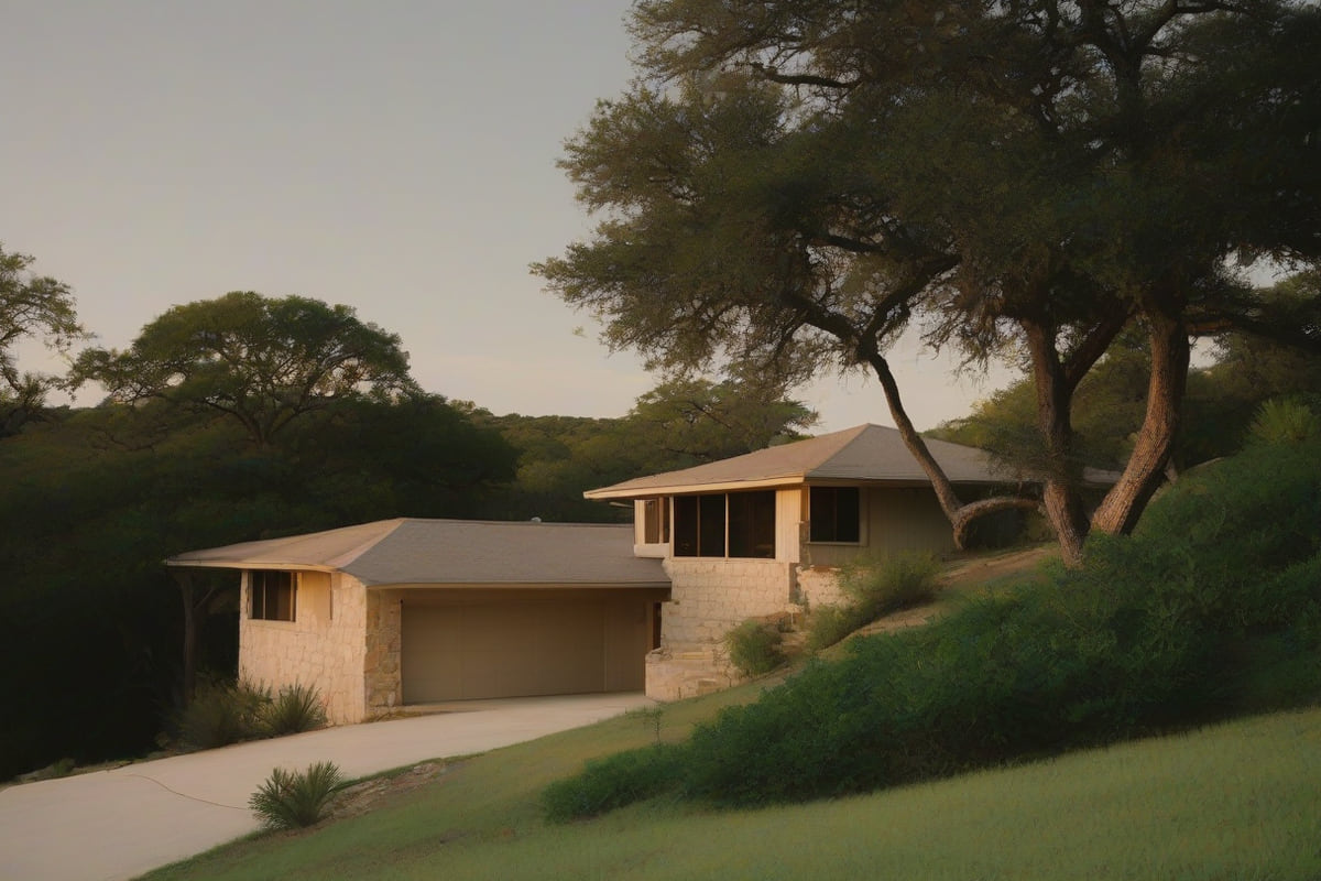 Two-level stone home built into a grassy, tree-covered hillside with a sloped driveway