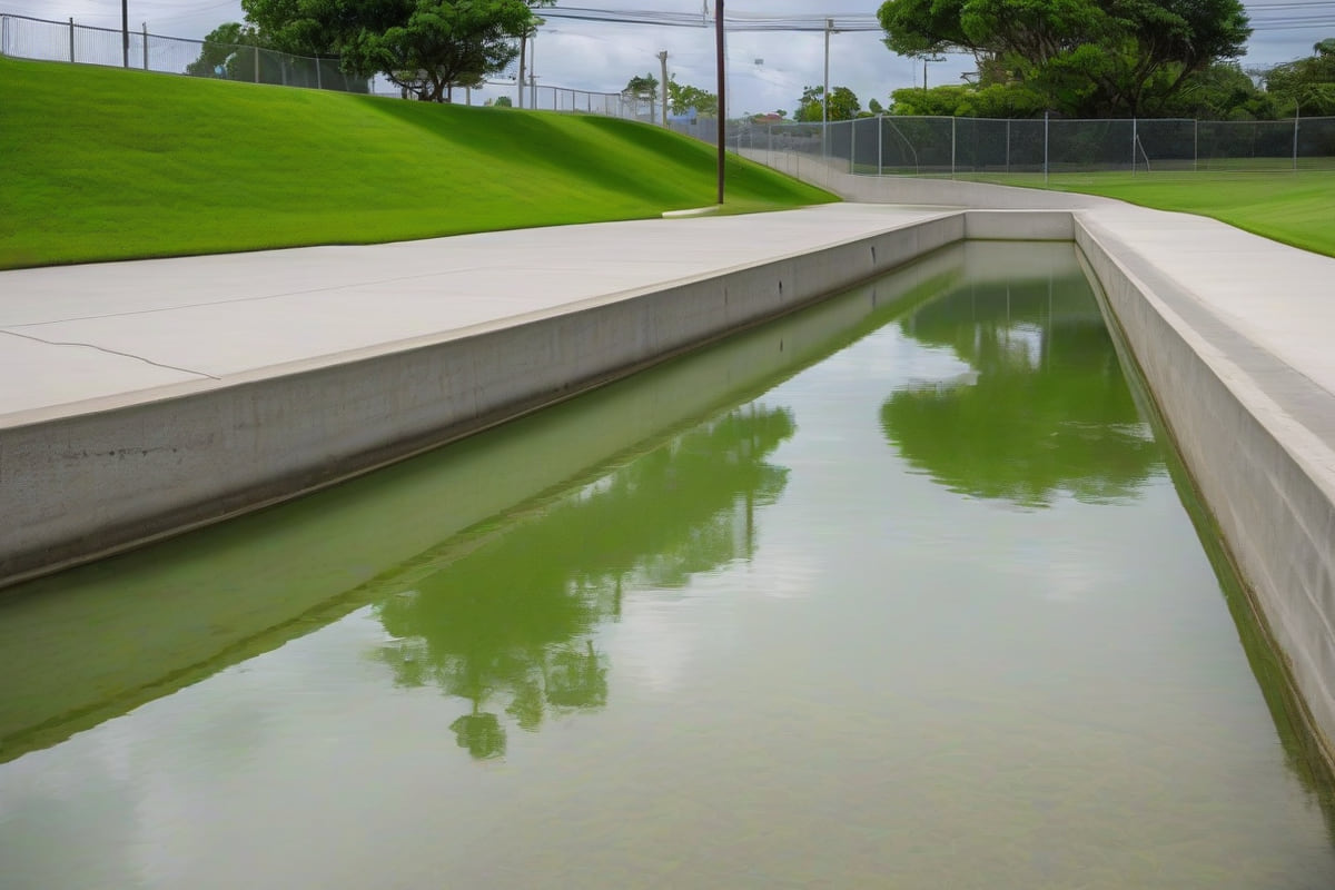 A wide concrete-lined drainage channel with sloped banks and mown grass edges running through a flat coastal neighborhood under a humid overcast sky