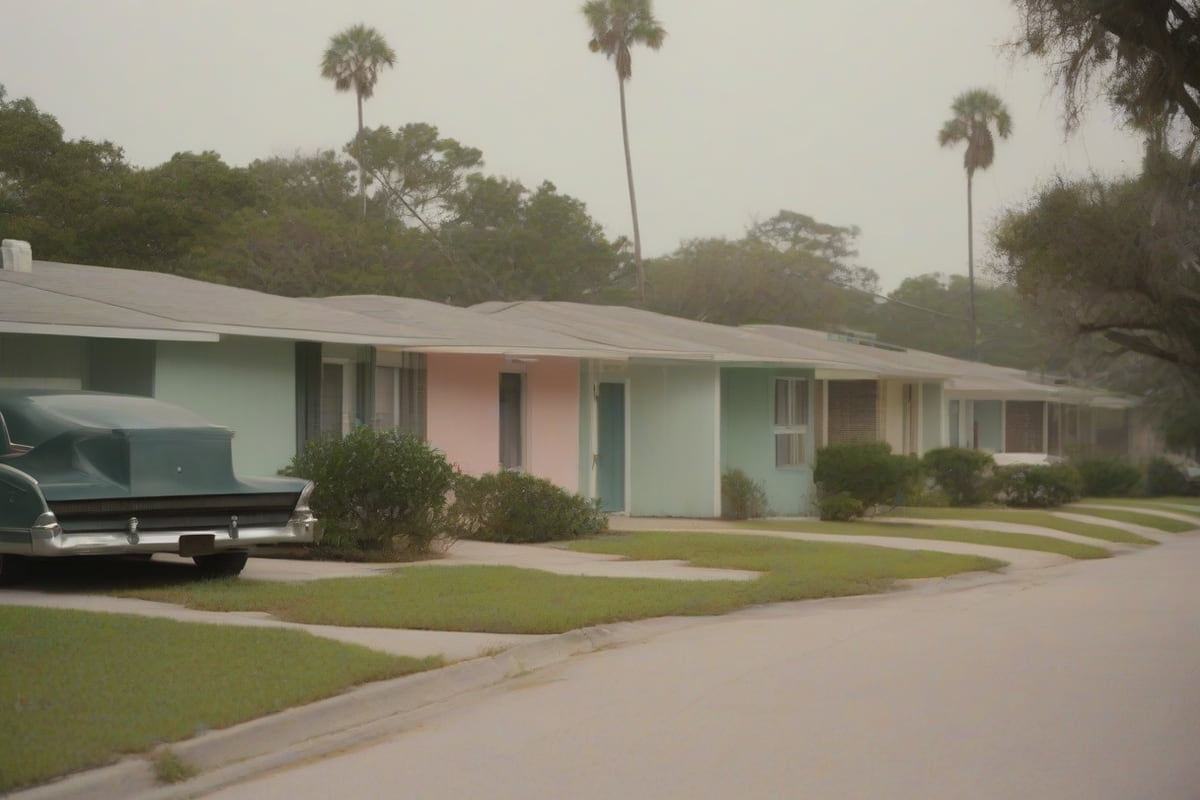 Compact 1950s single-story homes with painted siding and attached carports on a flat coastal street in Pasadena, Texas
