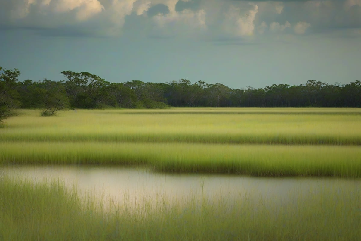 Flat Gulf coastal prairie with tall native grasses and a straight drainage channel under a big humid sky with towering clouds