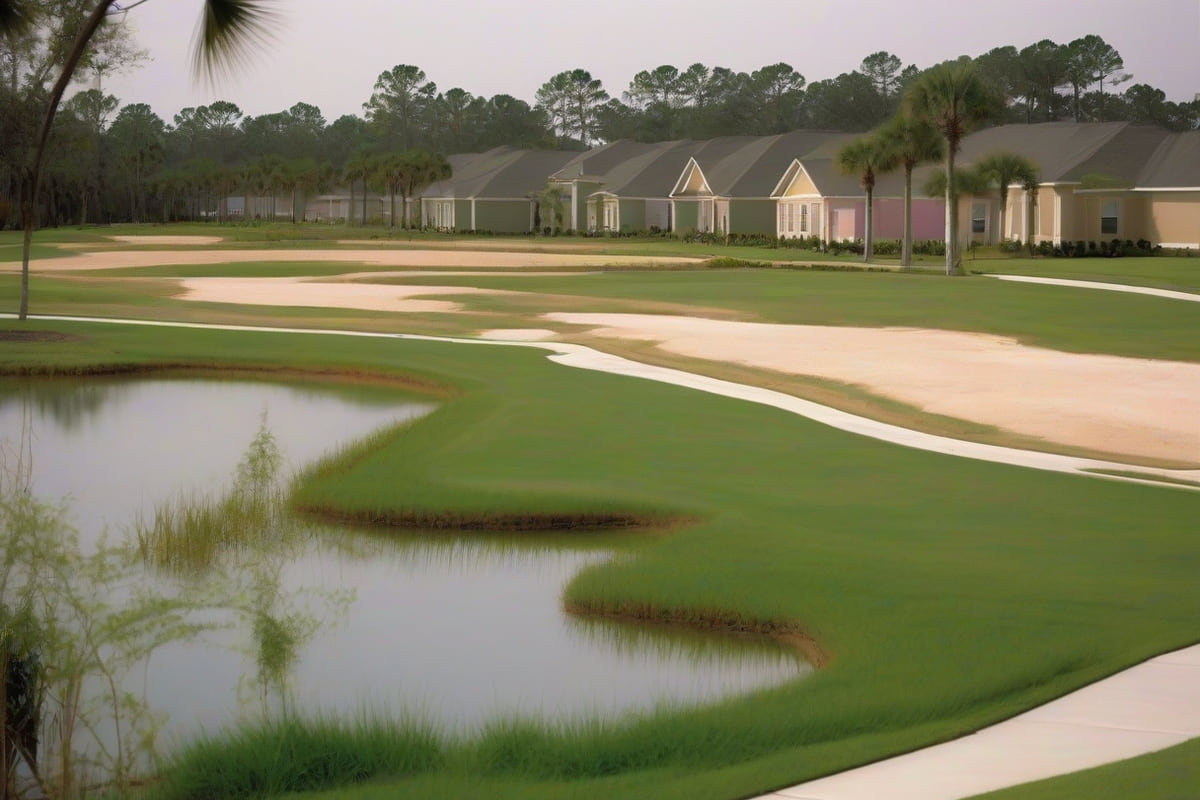 New two-story brick and stucco homes around a landscaped detention pond with mown banks in a Pearland master-planned subdivision